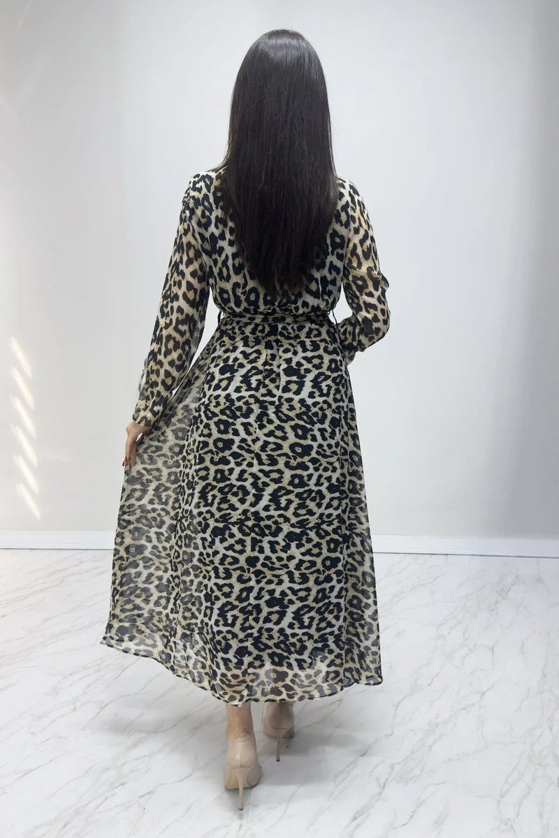 Women's Leopard Printli Wrap Neck Chiffon Plus Size Dress