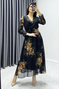 Black Yellow Floral Midi Chiffon Dress
