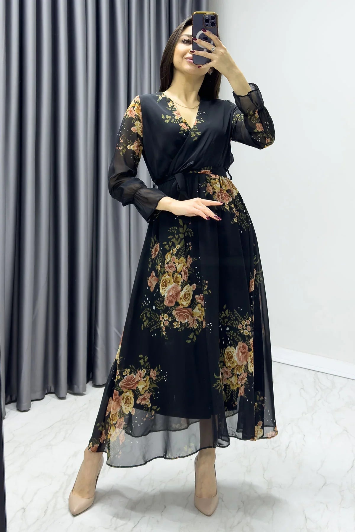 Women's Black Yellow Floral Wrap Neck Chiffon Plus Size Dress