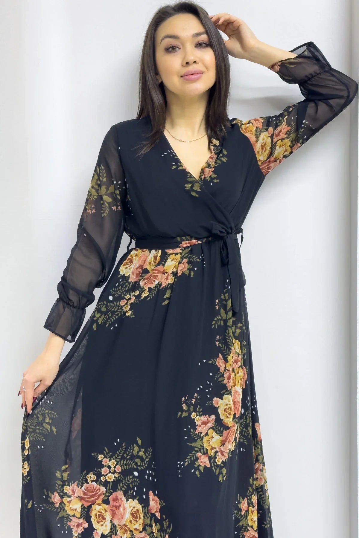Women's Black Yellow Floral Wrap Neck Chiffon Plus Size Dress