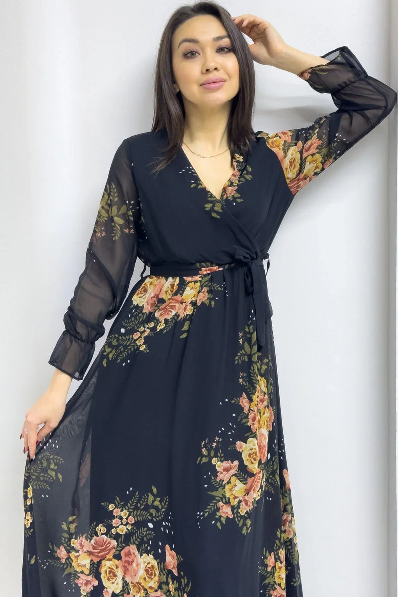Women's Black Yellow Floral Wrap Neck Chiffon Plus Size Dress