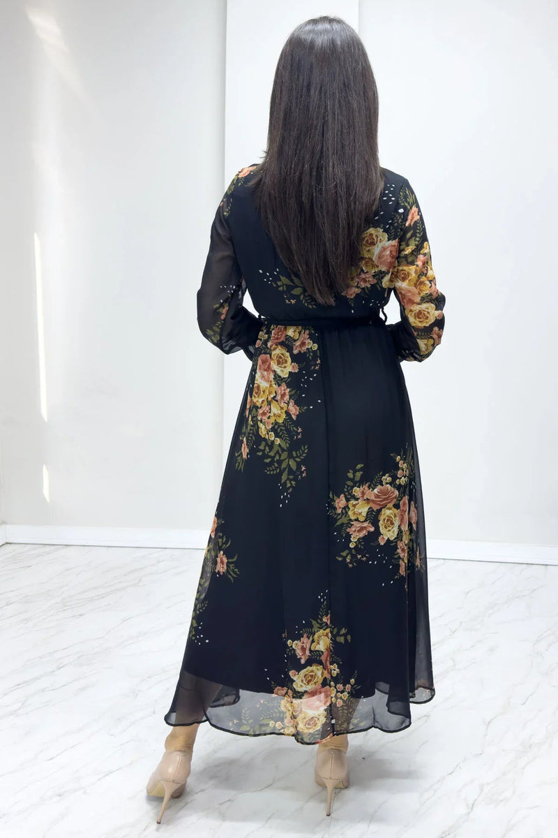 Women's Black Yellow Floral Wrap Neck Chiffon Plus Size Dress