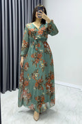 Green Floral Midi Chiffon Dress