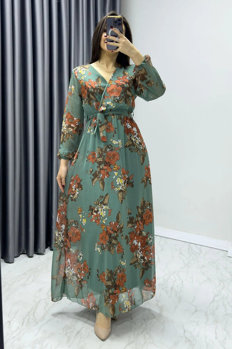 Women's Green Floral Wrap Neck Chiffon Plus Size Dress