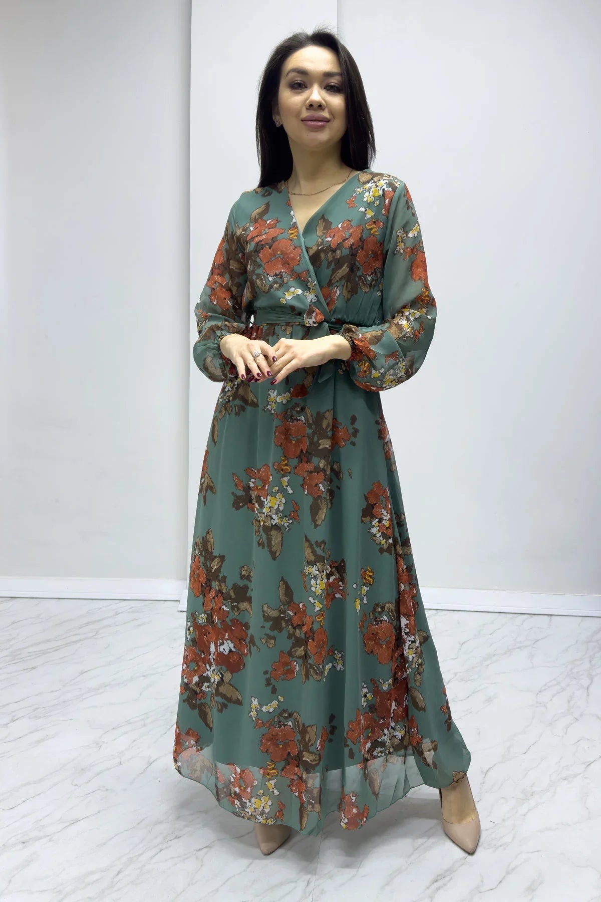 Women's Green Floral Wrap Neck Chiffon Plus Size Dress