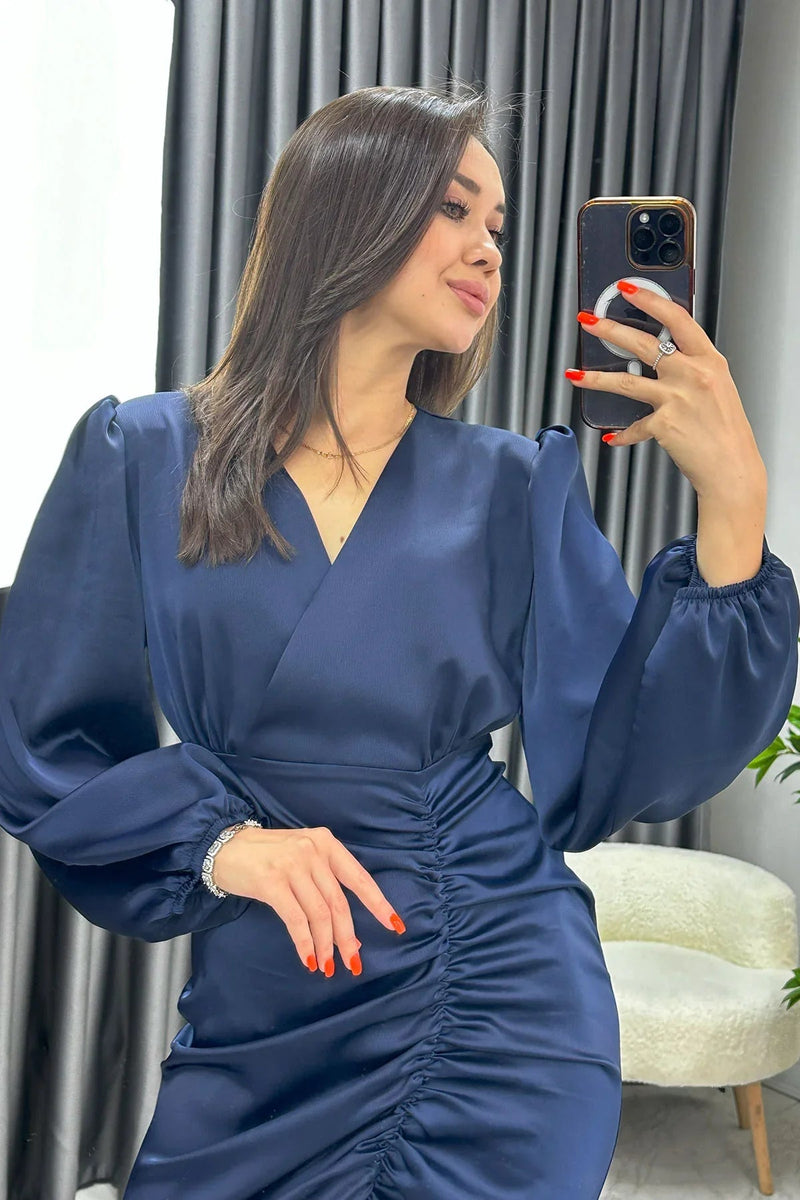 Women's Navy Blue Wrap Satin Draped Yırtmaç Detail Balloon Sleeve Evening Gown