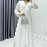 White Cross-Over Neck Midi Length Chiffon Dress