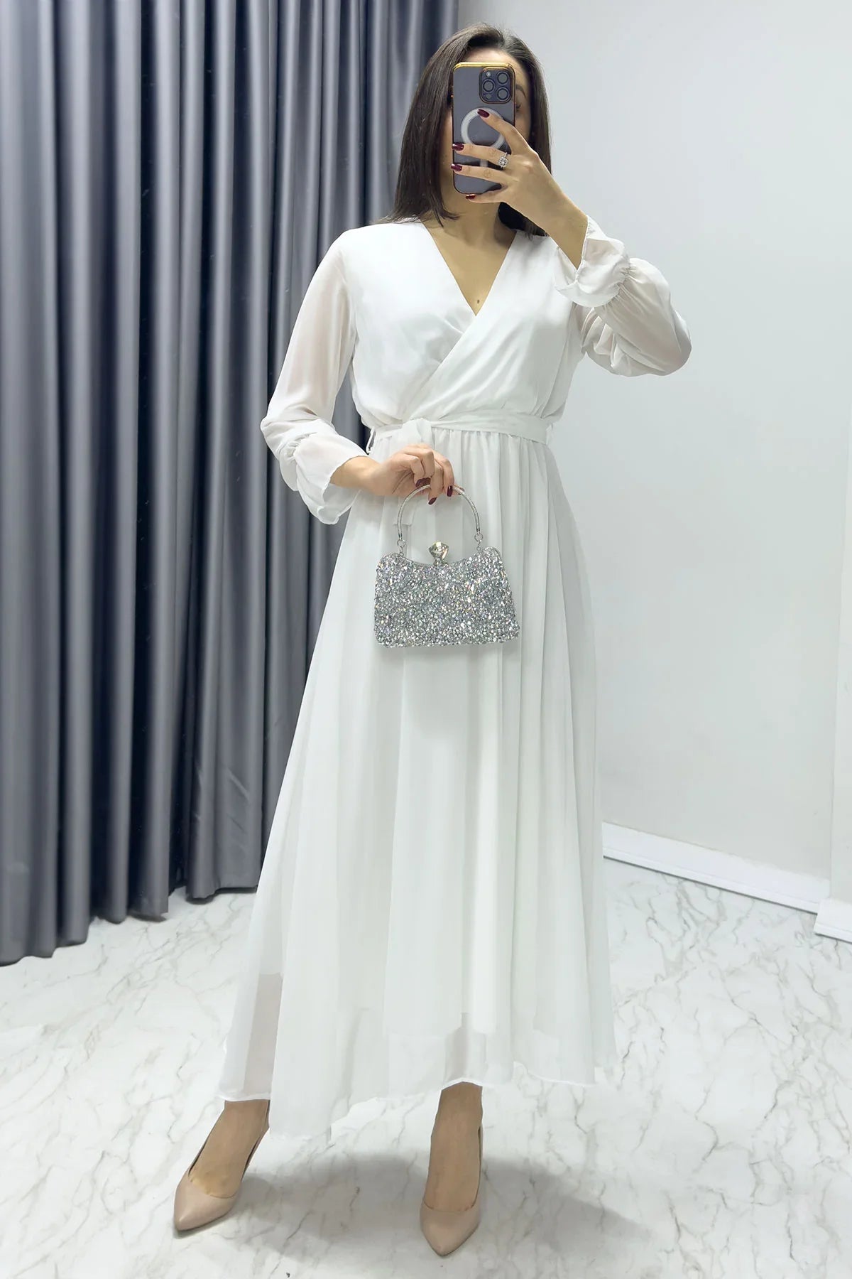 Women's White Wrap Neck Chiffon Plus Size Dress