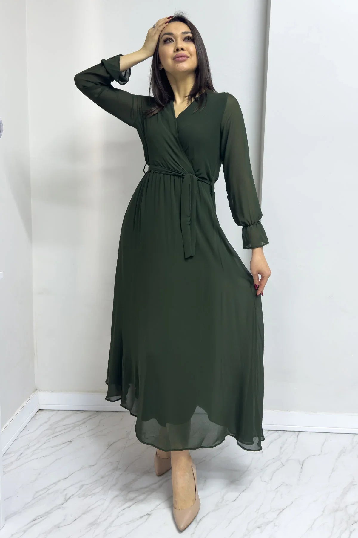 Women's Khaki Wrap Neck Chiffon Plus Size Dress