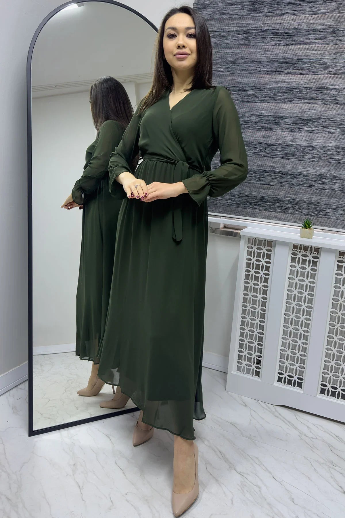 Women's Khaki Wrap Neck Chiffon Plus Size Dress