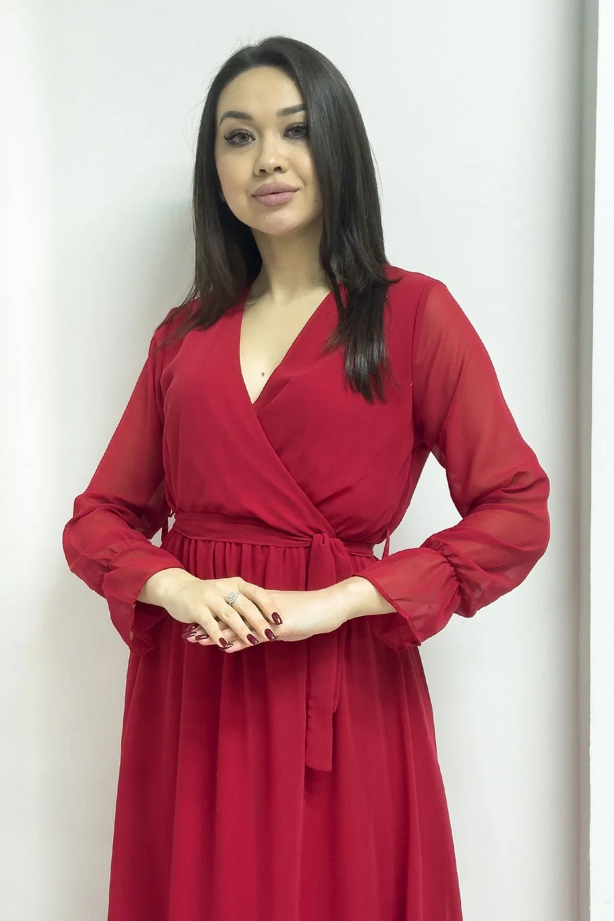 Women's Red Wrap Neck Chiffon Plus Size Dress