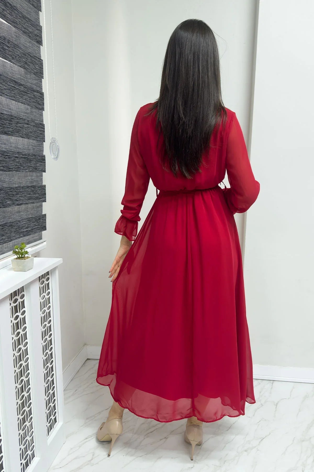 Women's Red Wrap Neck Chiffon Plus Size Dress