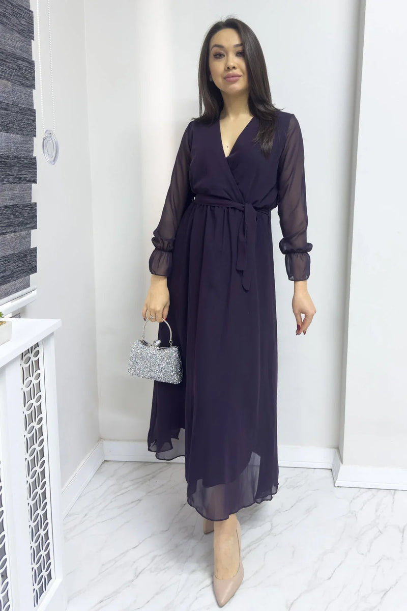 Women's Purple Wrap Neck Chiffon Plus Size Dress