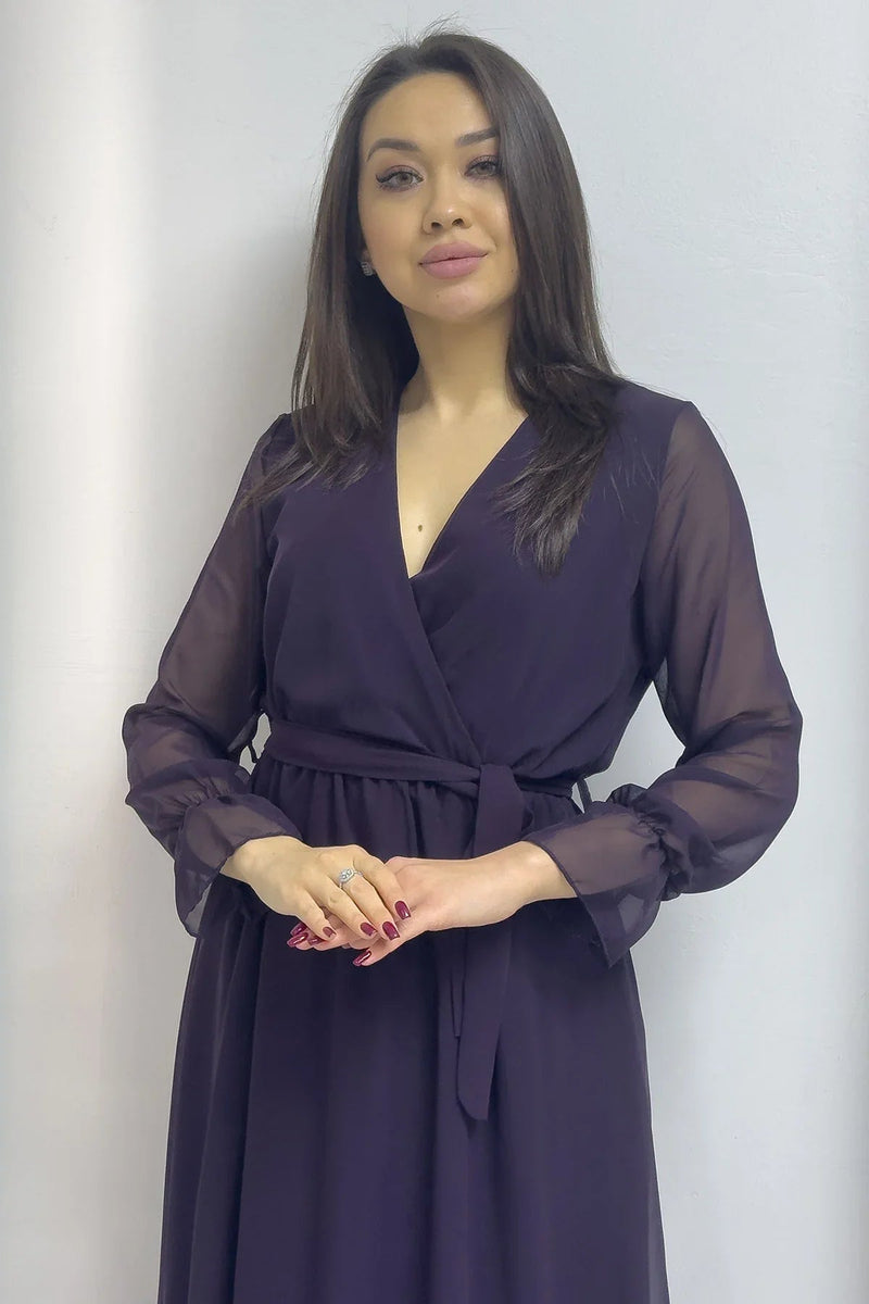 Women's Purple Wrap Neck Chiffon Plus Size Dress