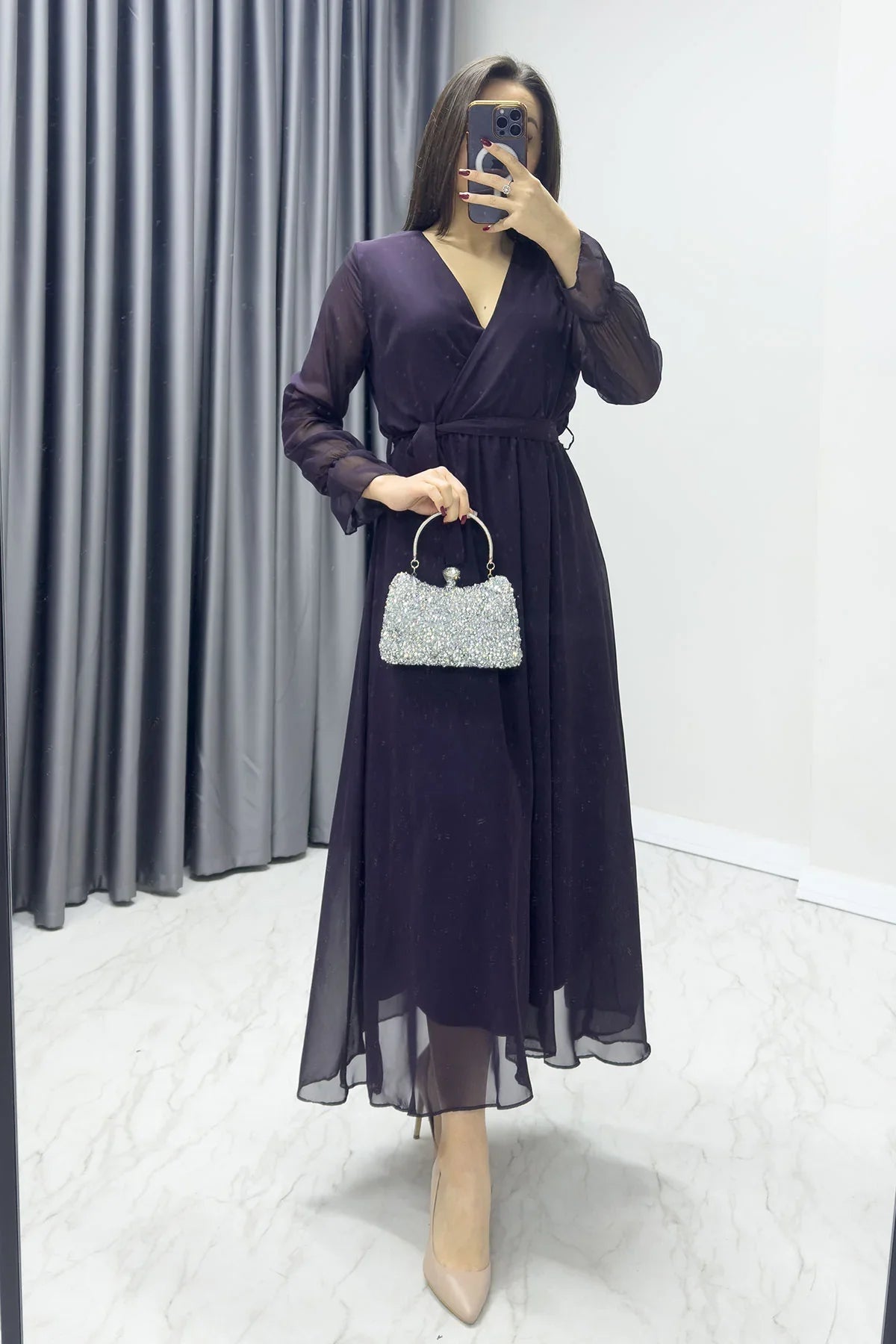 Women's Purple Wrap Neck Chiffon Plus Size Dress