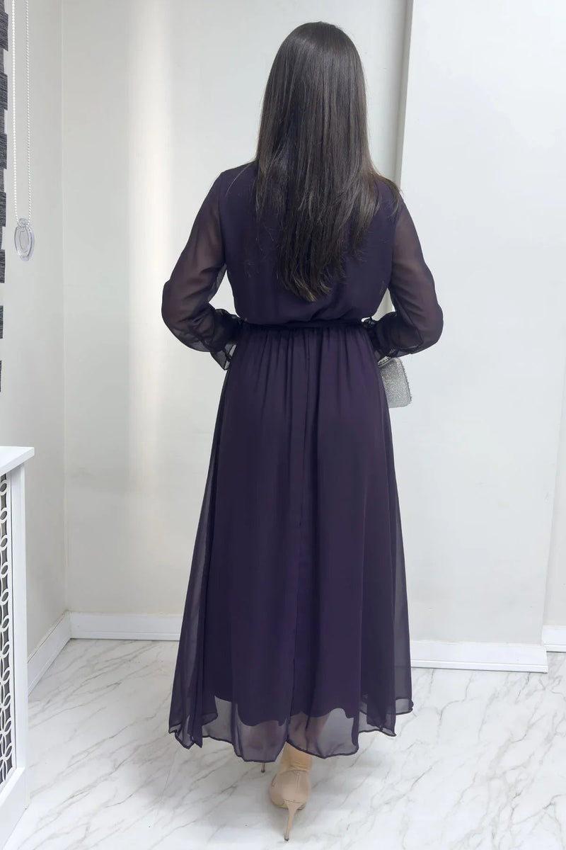 Women's Purple Wrap Neck Chiffon Plus Size Dress