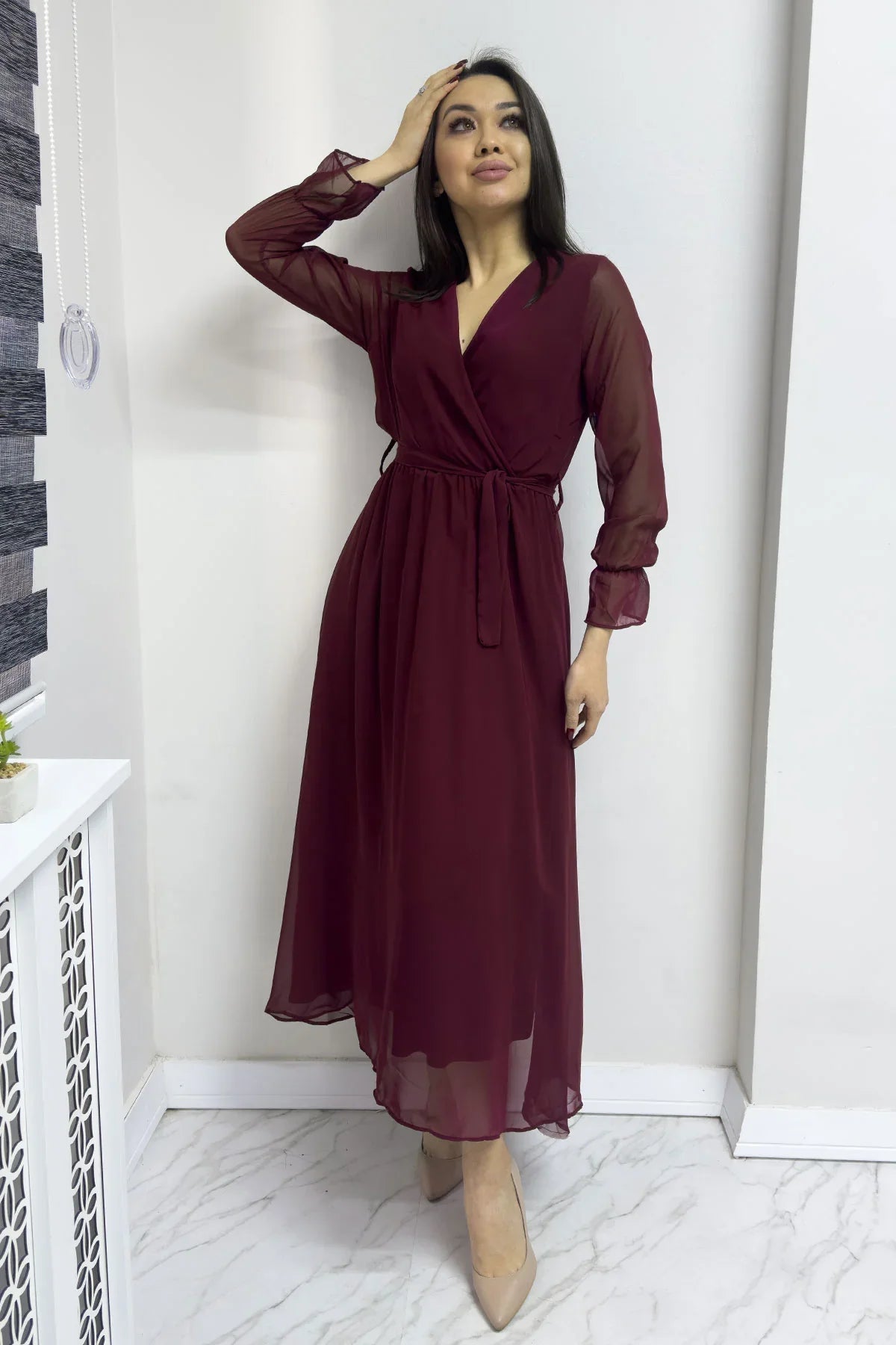 Women's Burgundy Wrap Neck Chiffon Plus Size Dress