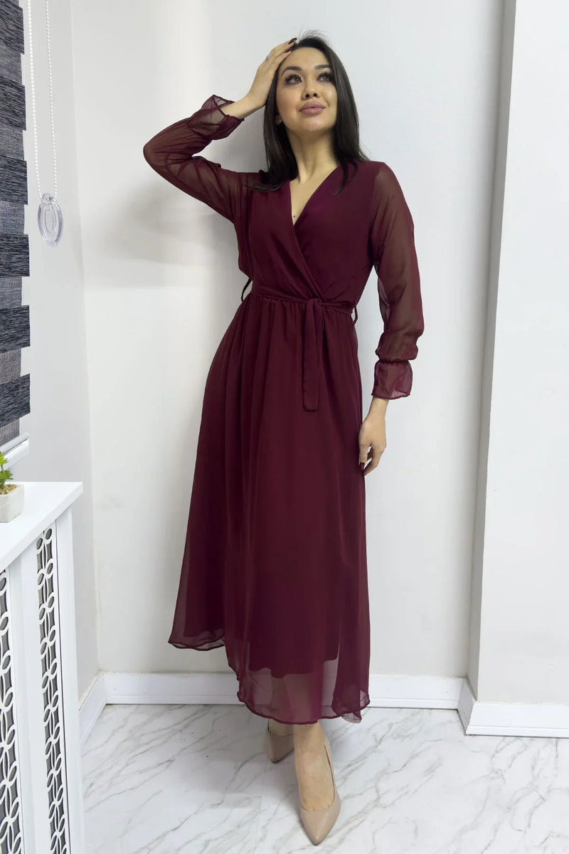 Women's Burgundy Wrap Neck Chiffon Plus Size Dress