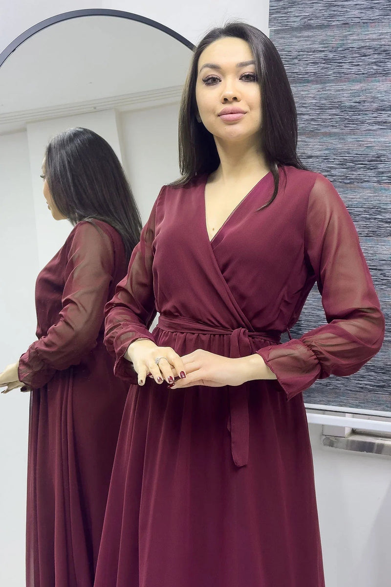 Women's Burgundy Wrap Neck Chiffon Plus Size Dress