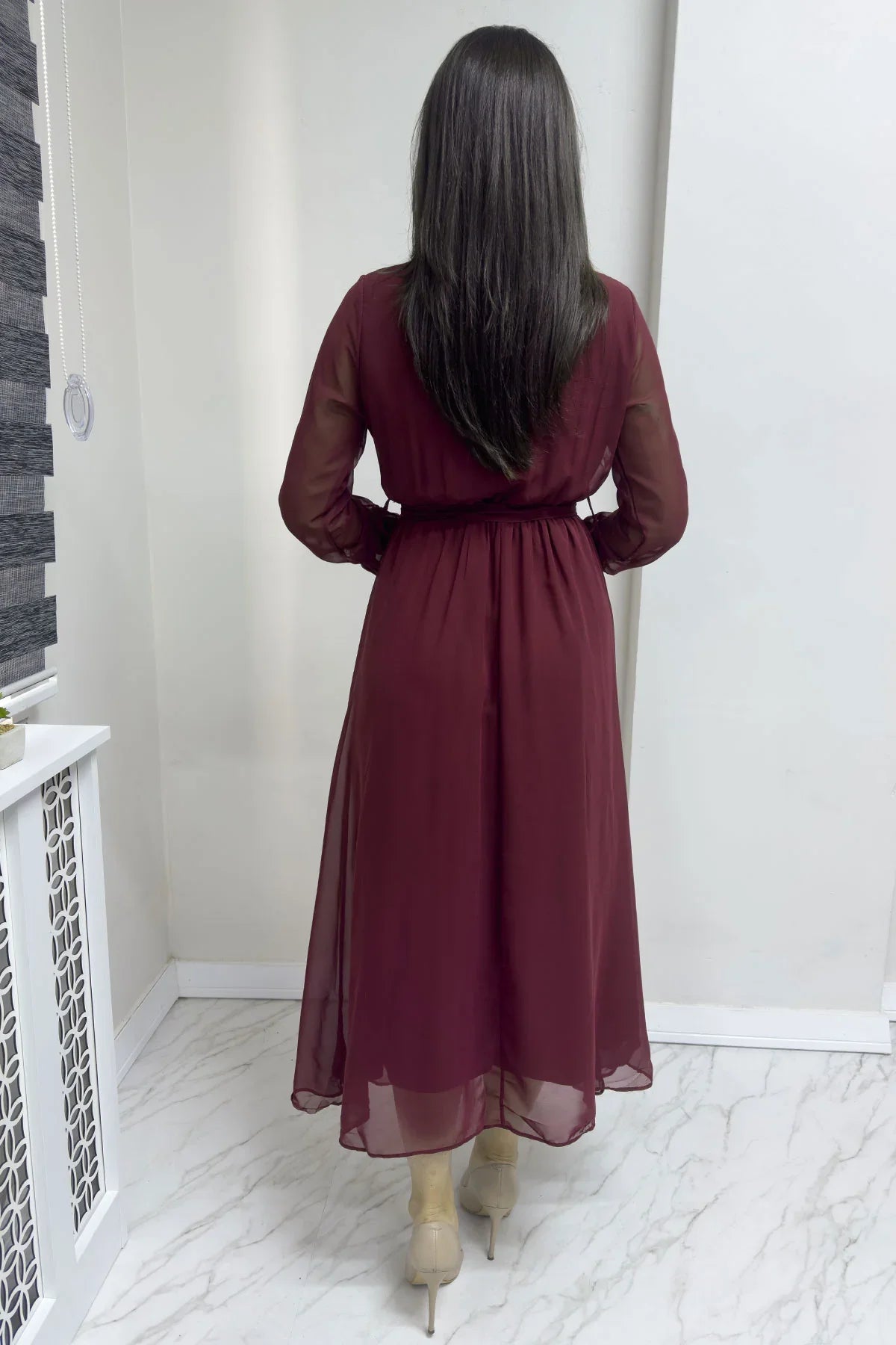 Women's Burgundy Wrap Neck Chiffon Plus Size Dress