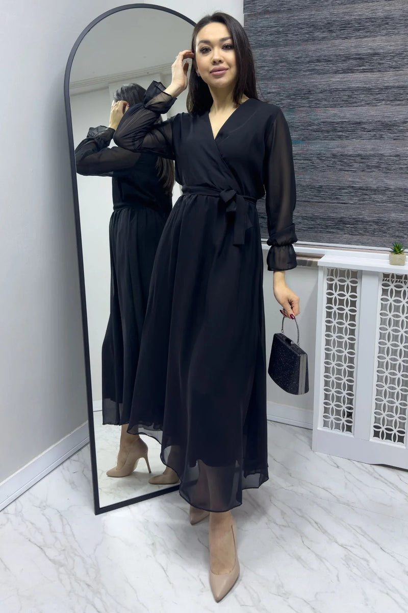 Women's Black Wrap Neck Chiffon Plus Size Dress