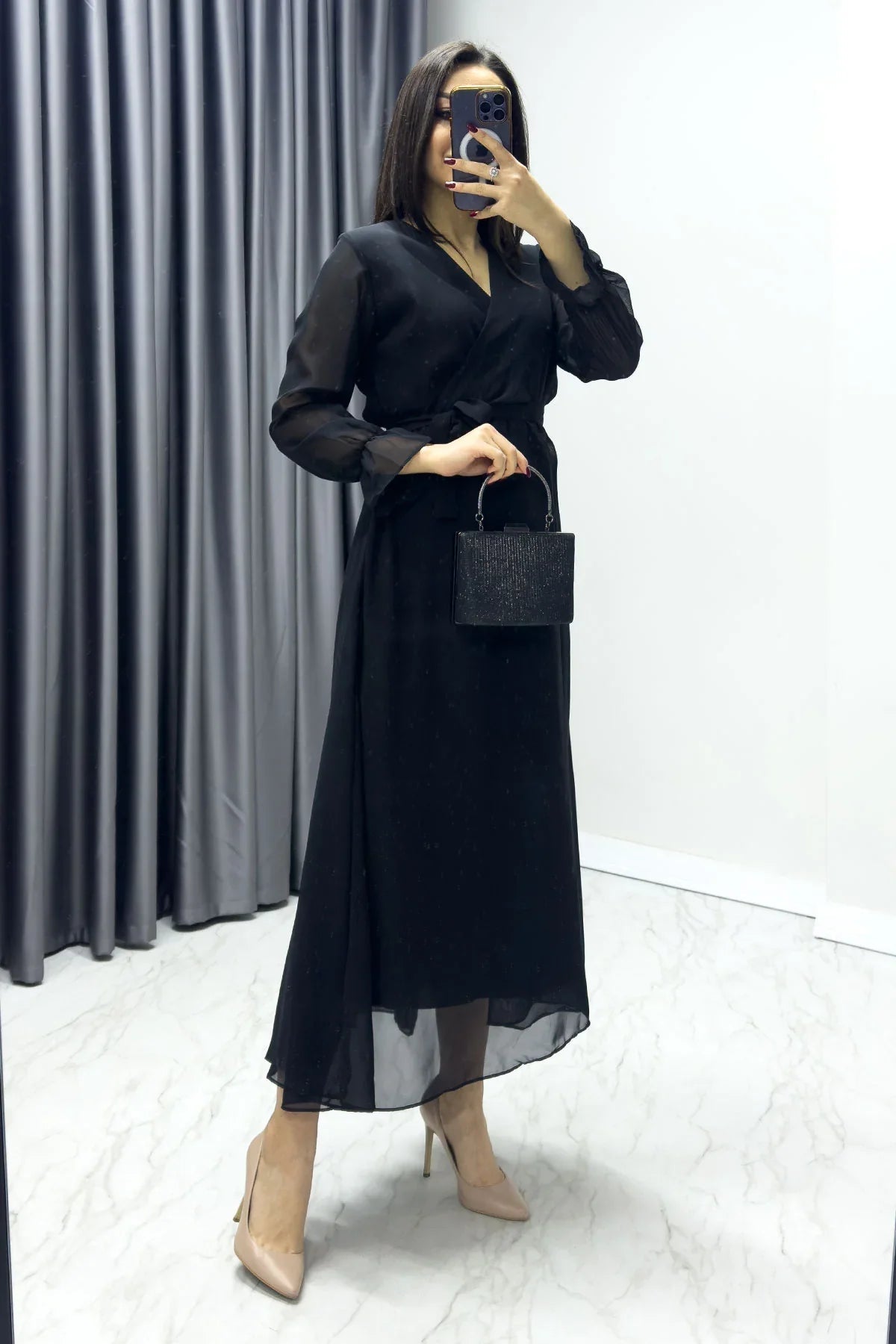 Women's Black Wrap Neck Chiffon Plus Size Dress