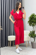 Red Cross-Over Collar Belted Short Sleeve Jumpsuit