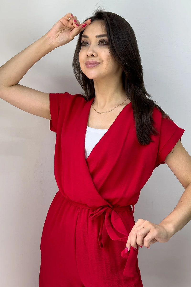 Women's Red Wrap Neck Belted Short Sleeve Jumpsuit