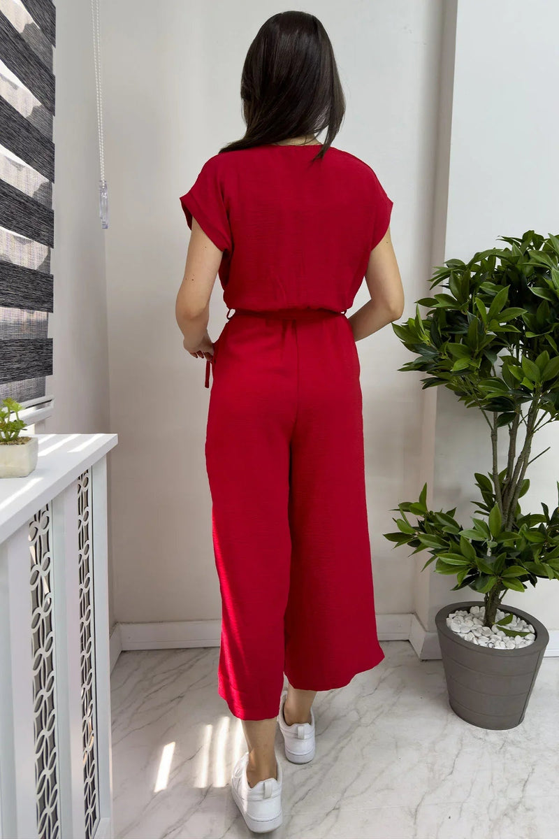 Women's Red Wrap Neck Belted Short Sleeve Jumpsuit