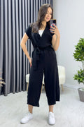 Black Cross-Over Neck Belted Short Sleeve Jumpsuit