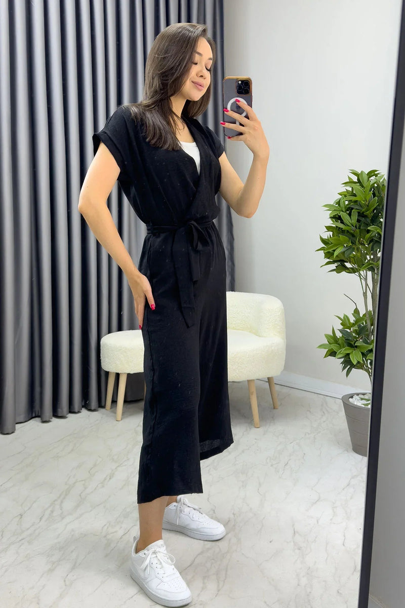Women's Black Wrap Neck Belted Short Sleeve Jumpsuit