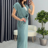 Aqua Green Cross-Over Neck Belted Short Sleeve Jumpsuit