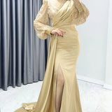 Cross-Over Neck Gold Drapedd Glitter Sleeve Satin Evening Dress