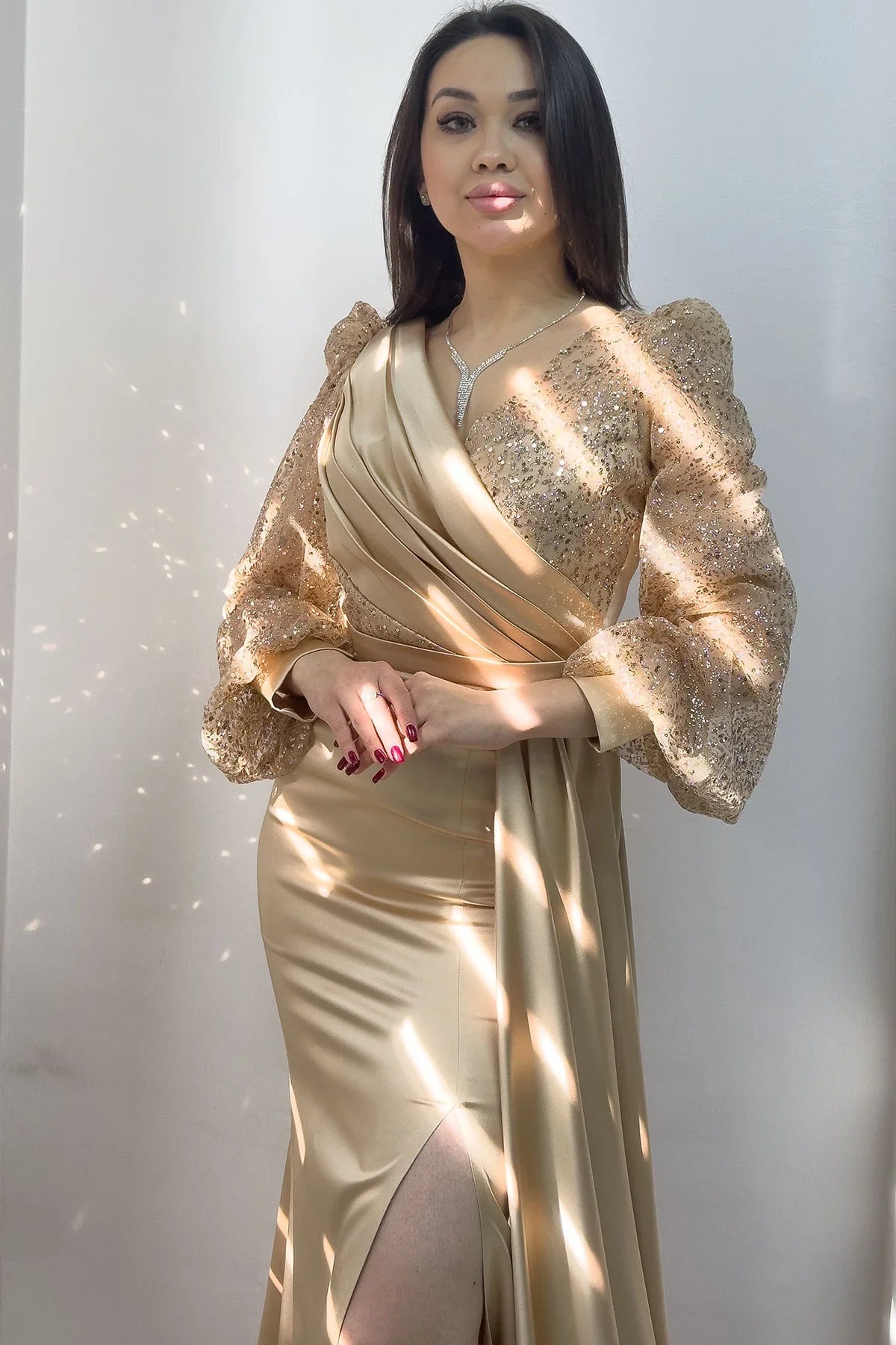 Women's Wrap Neck Gold Draped Glitter Sleeve Satin Evening Gown
