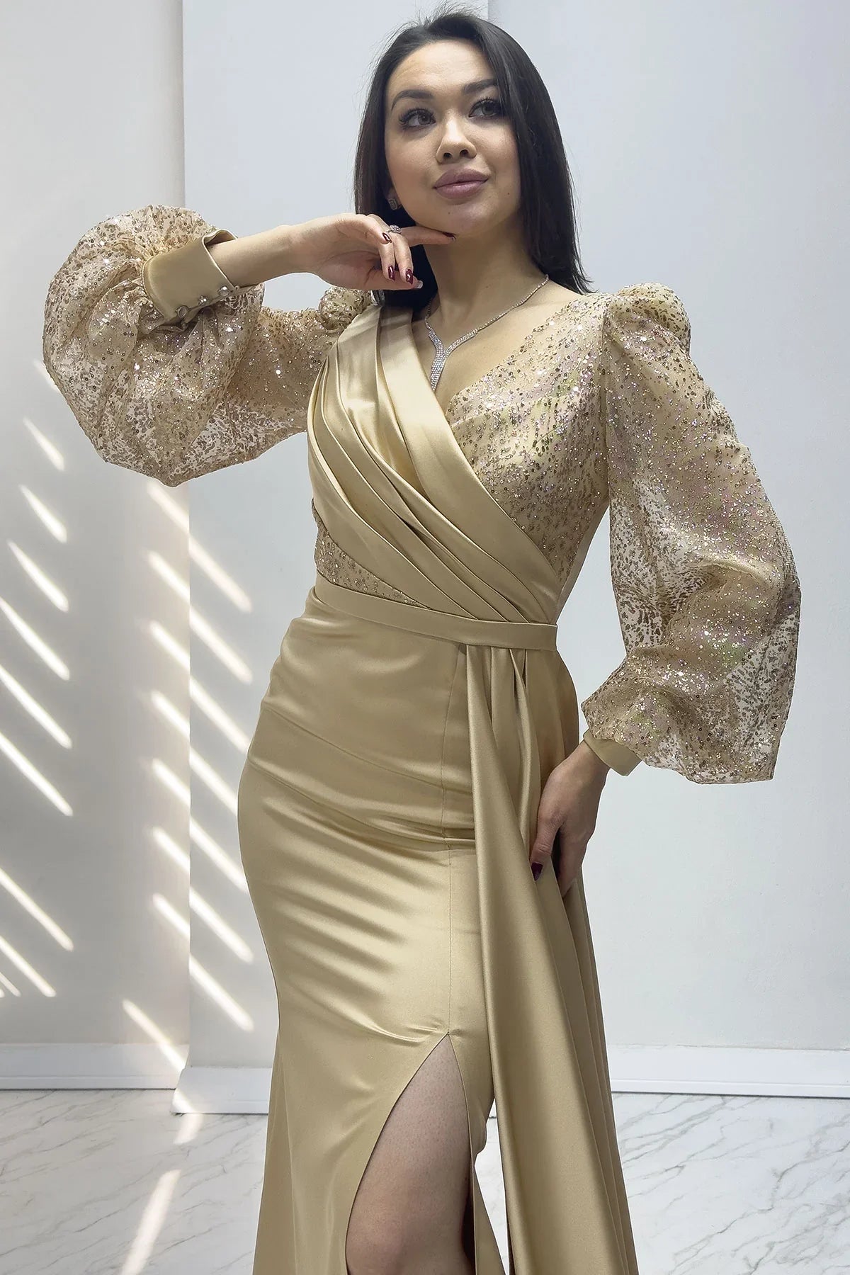 Women's Wrap Neck Gold Draped Glitter Sleeve Satin Evening Gown