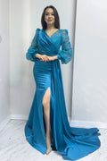 Cross-Over Neck Turquoise Drapedd Glitter Sleeve Satin Evening Dress
