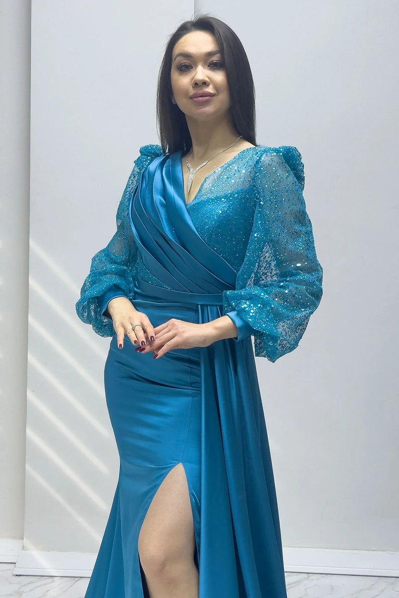 Women's Wrap Neck Turquoise Draped Glitter Sleeve Satin Evening Gown