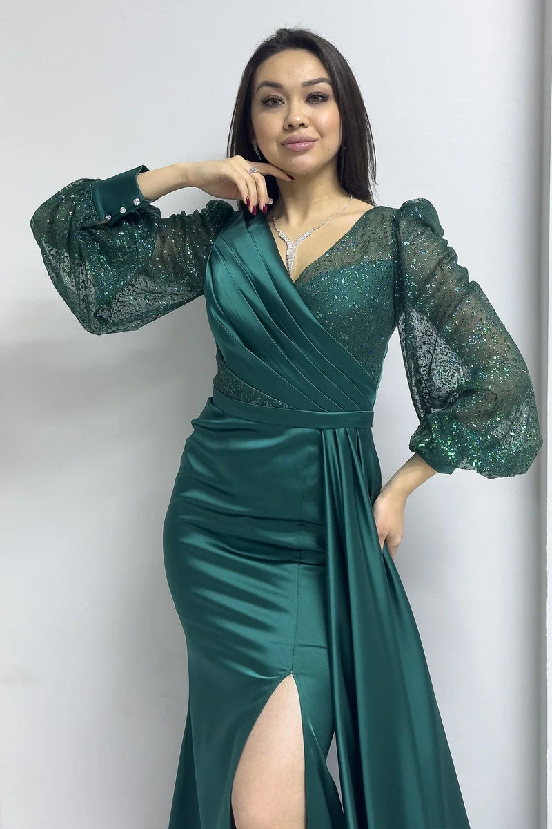 Women's Wrap Neck Emerald Green Draped Glitter Sleeve Satin Evening Gown
