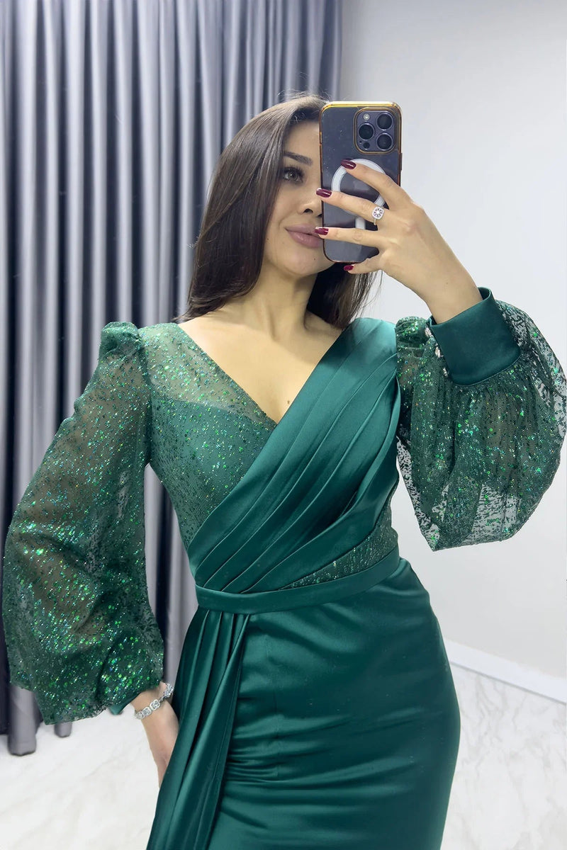 Women's Wrap Neck Emerald Green Draped Glitter Sleeve Satin Evening Gown