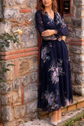 Navy Blue Flower Patterned Midi Chiffon Dress