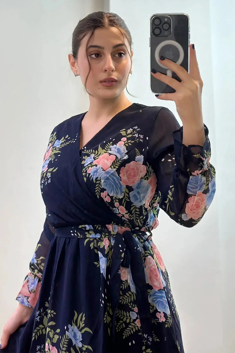 Women's Navy Blue Çiçek Patterned Wrap Neck Chiffon Plus Size Dress