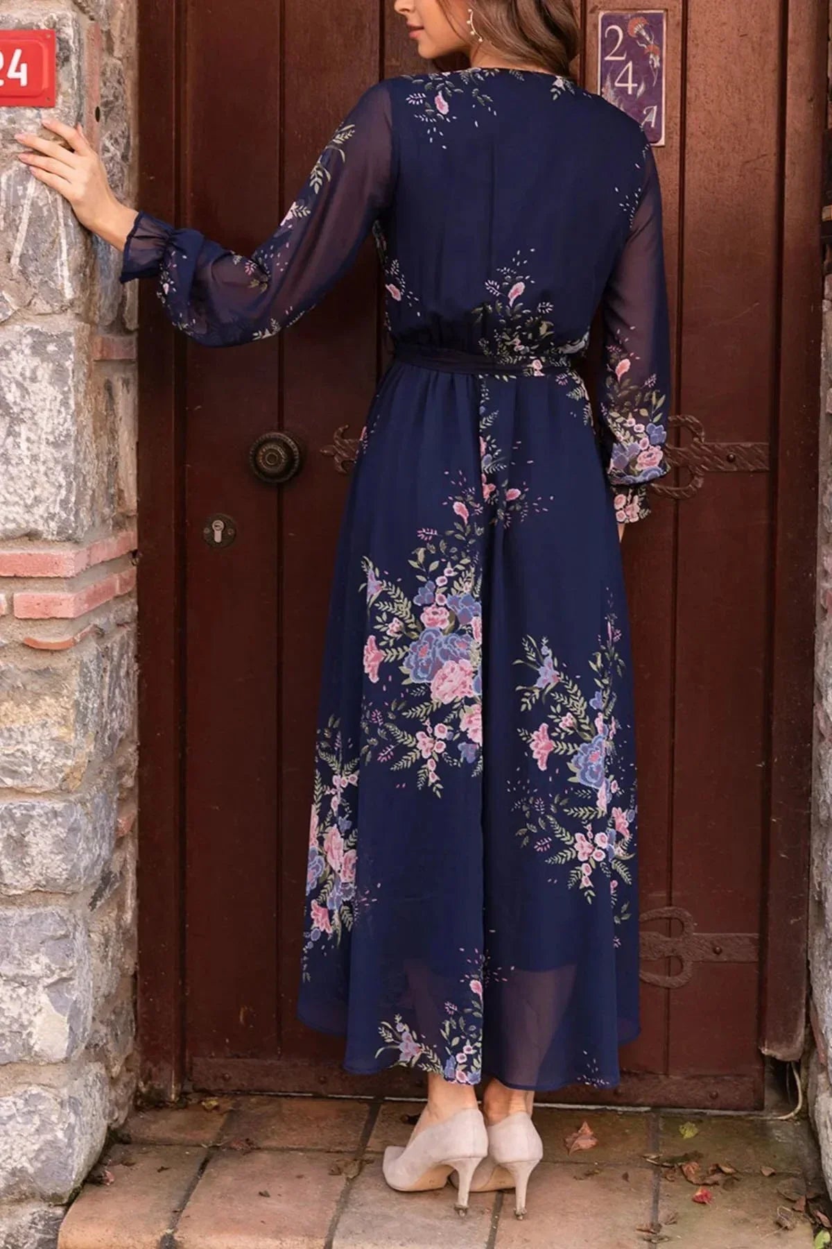 Women's Navy Blue Çiçek Patterned Wrap Neck Chiffon Plus Size Dress