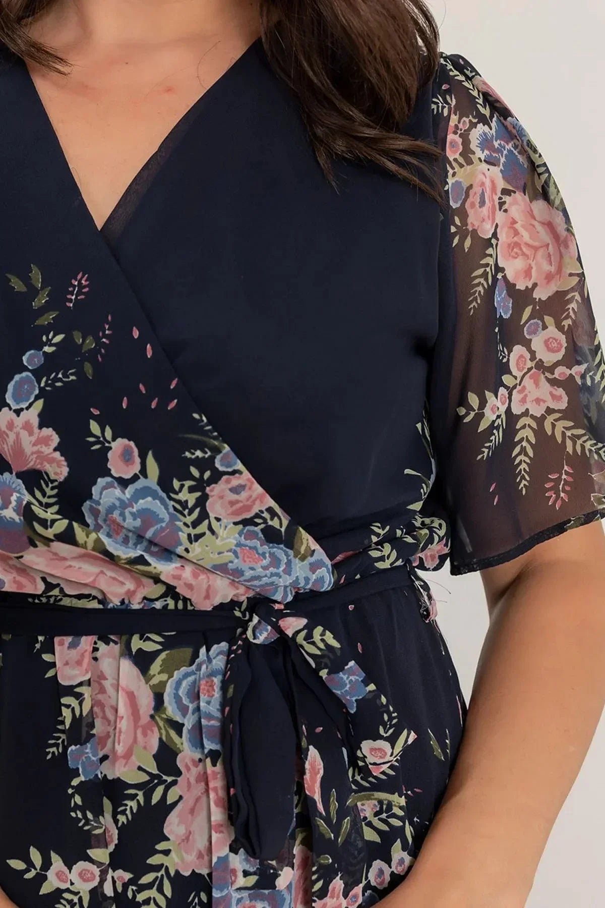Women's Navy Blue Floral Short Sleeve Lined Plus Size Chiffon Dress