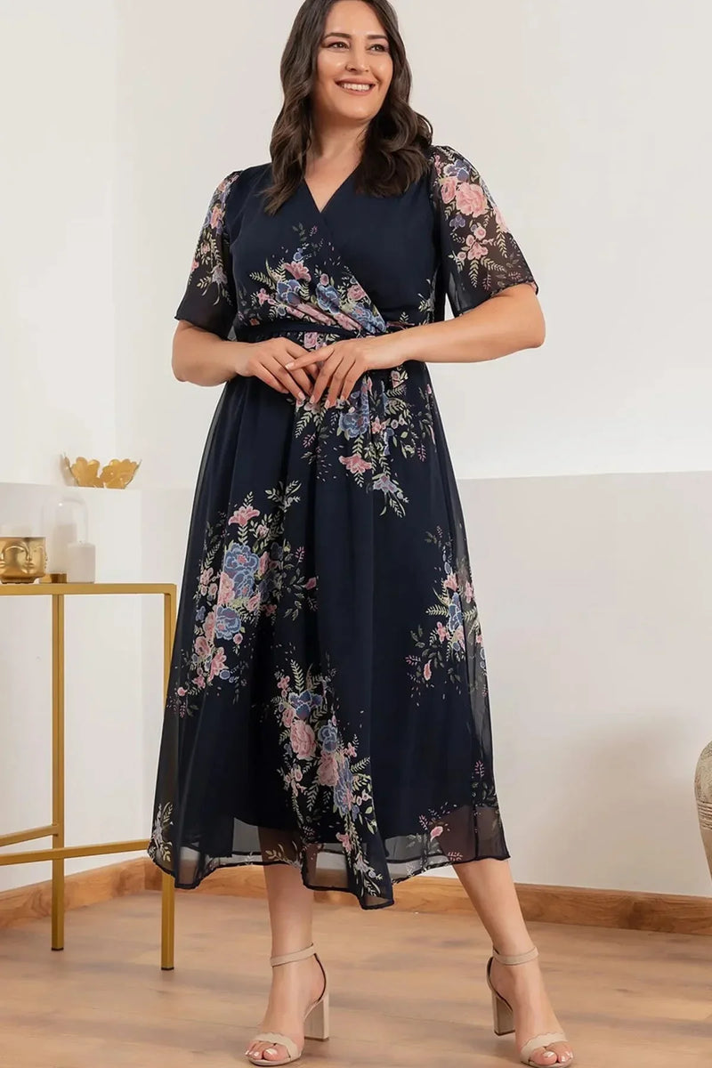 Women's Navy Blue Floral Short Sleeve Lined Plus Size Chiffon Dress