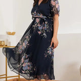 Navy Blue Short-Sleeve Midi Chiffon Dress