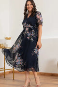 Navy Blue Short-Sleeve Midi Chiffon Dress
