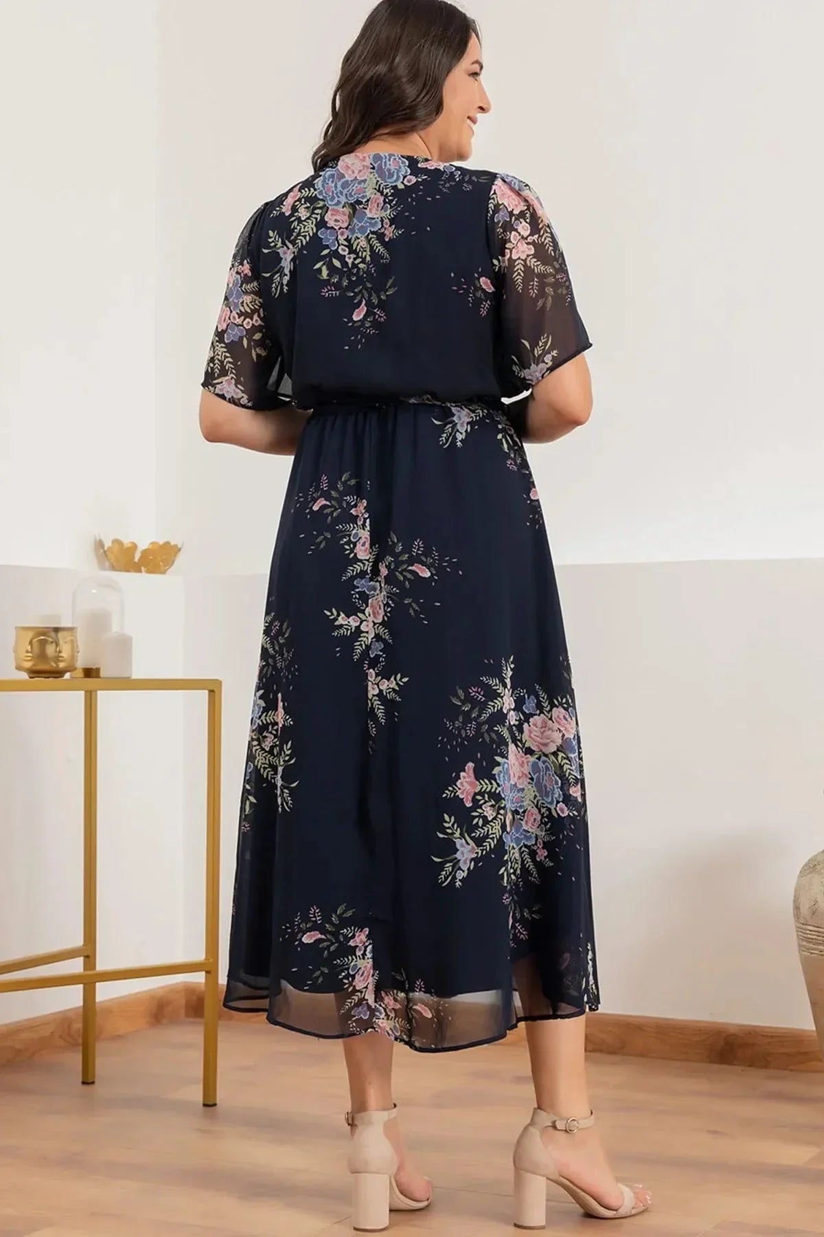 Women's Navy Blue Floral Short Sleeve Lined Plus Size Chiffon Dress