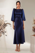 Navy Blue Belted Balloon Sleeve Midi Satin Plus Size Evening Dress