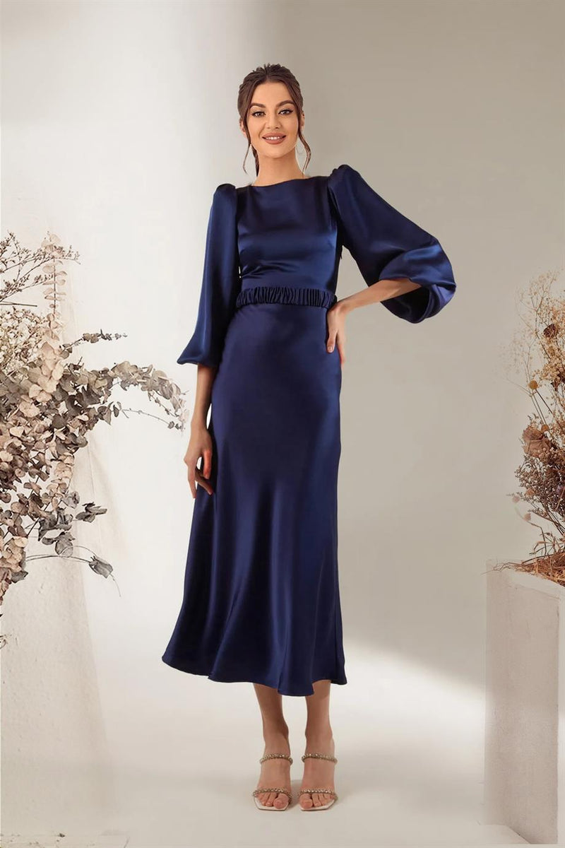 Women's Navy Blue Belted Balloon Sleeve Midi Satin Plus Size Evening Gown