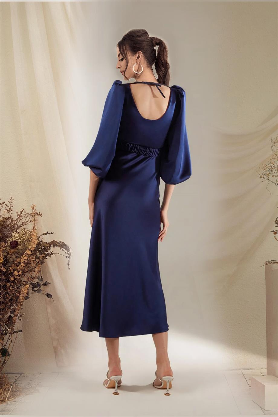 Women's Navy Blue Belted Balloon Sleeve Midi Satin Plus Size Evening Gown